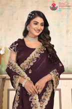 complete look of minimal wine chiffon saree 