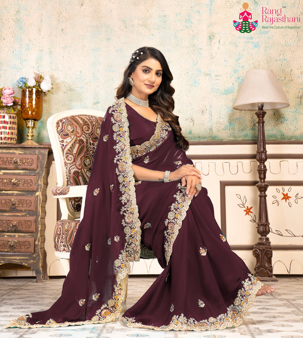 close up detailing of minimal wine chiffon saree 