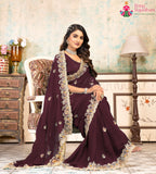 close up detailing of minimal wine chiffon saree 