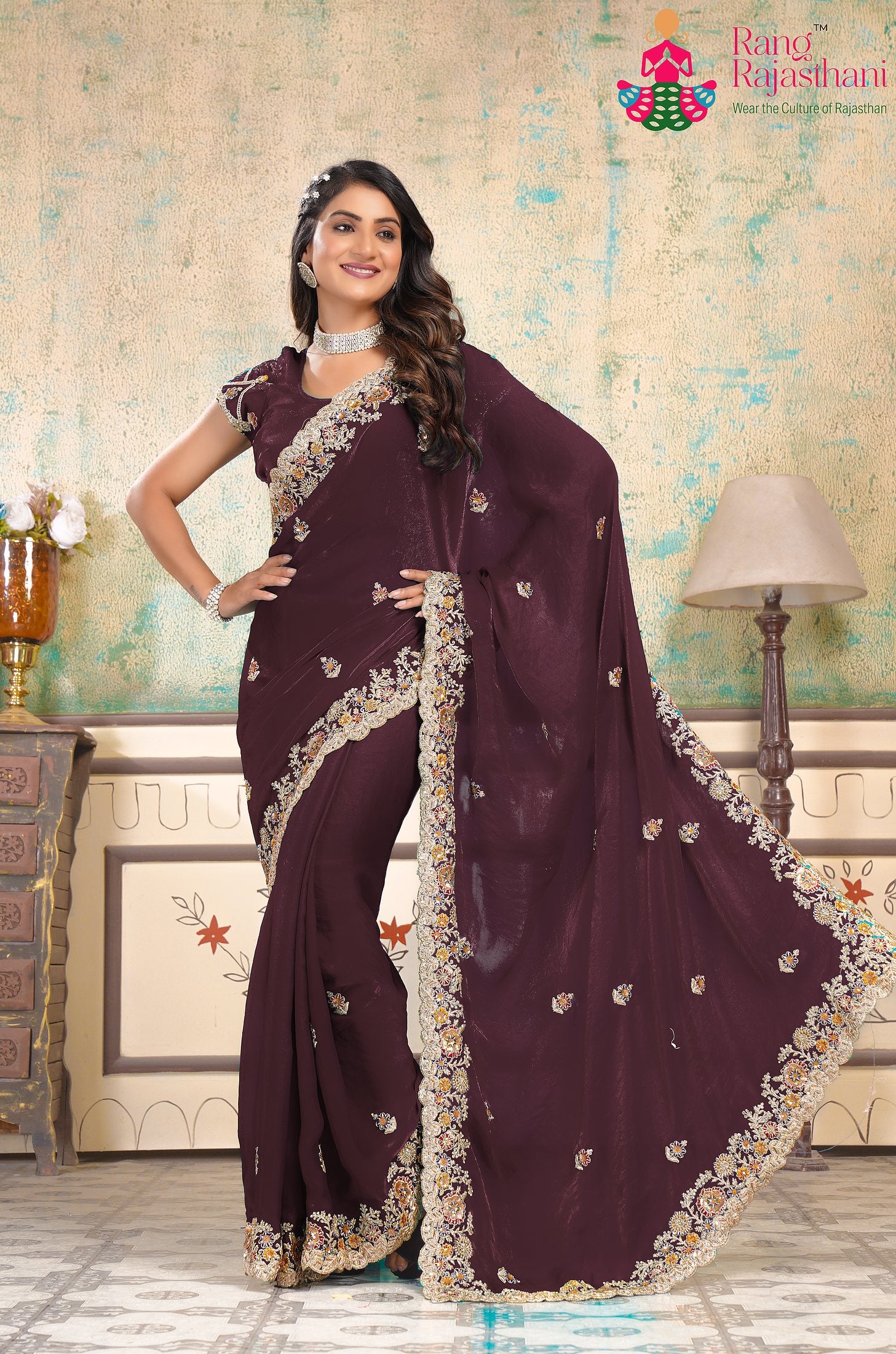 minimal wine chiffon saree  for wedding reception by Rang Rajasthani