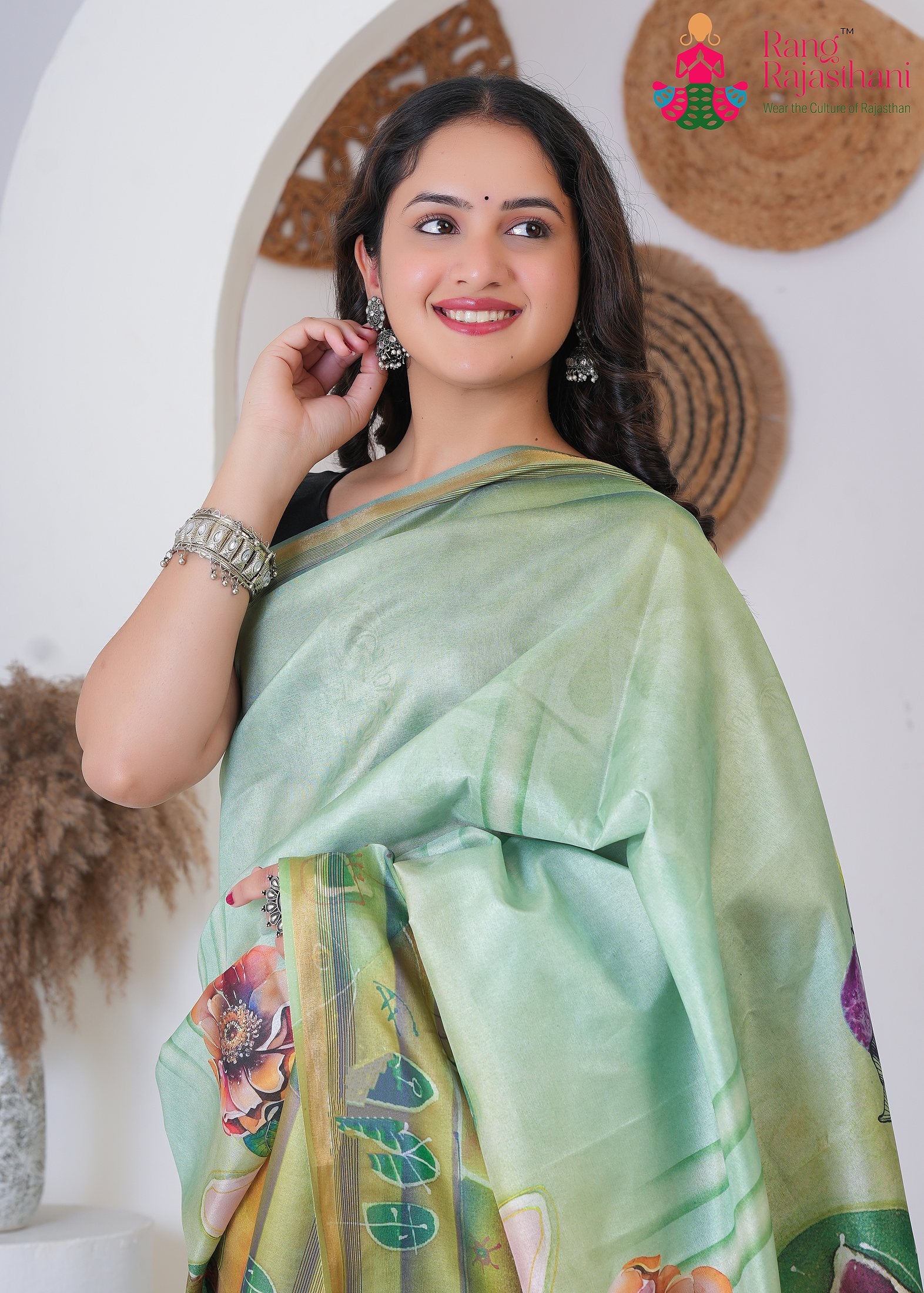 Green Imported saree with Printed close up detailing