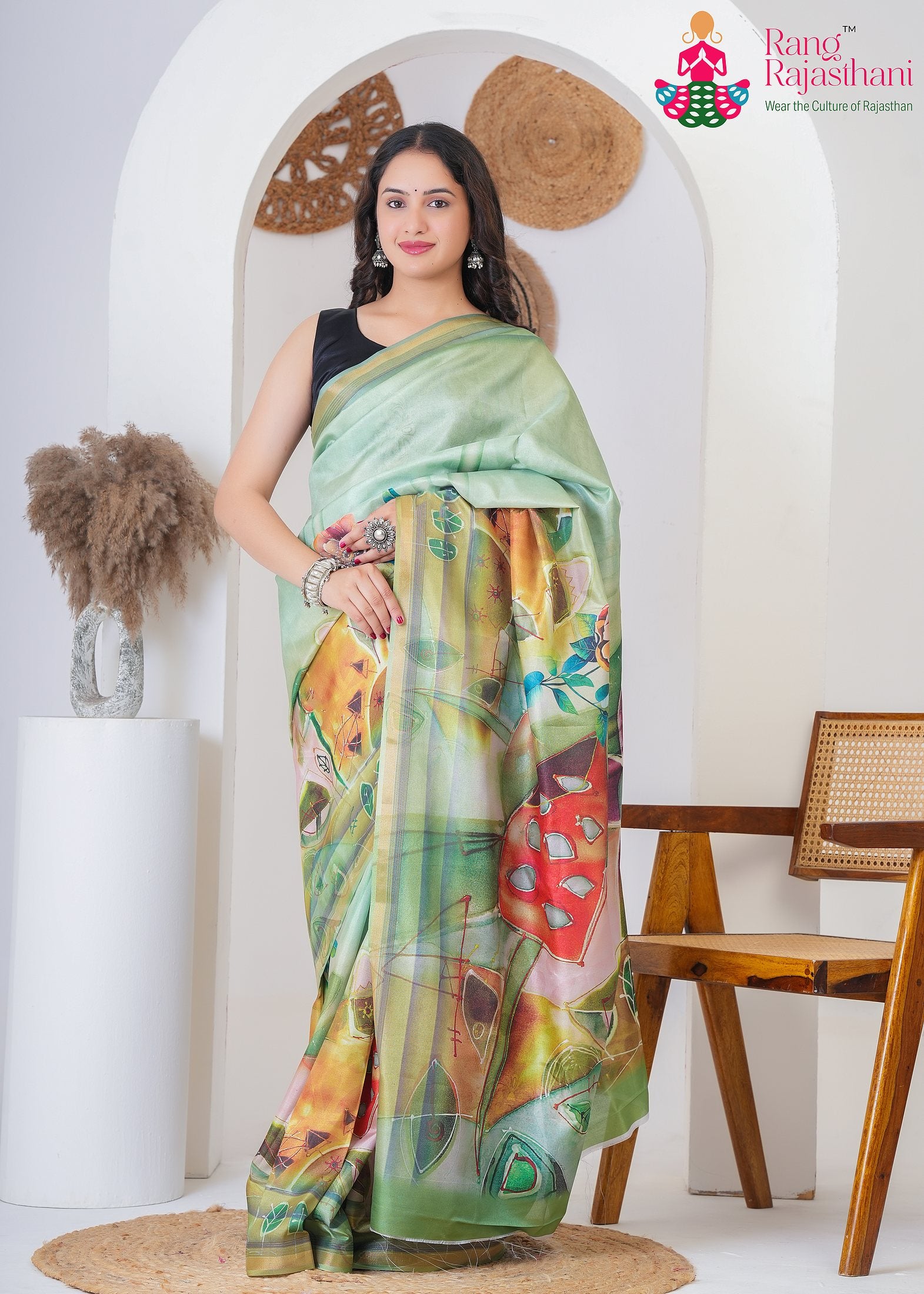 Green Imported Party saree with Printed from Rang Rajasthani