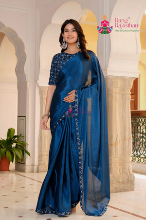 Blue Synthetic Plain Saree for Raksha Bandhan | Signature Look