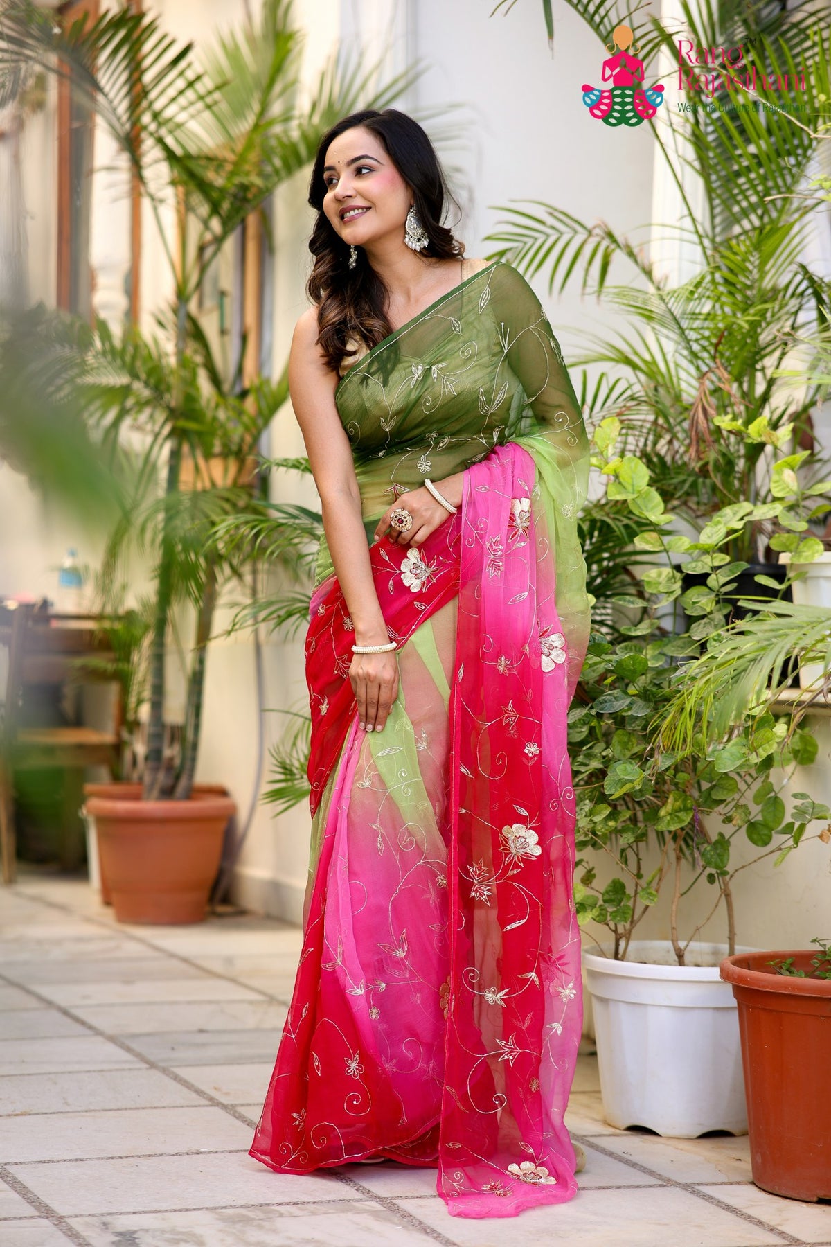 Multi Pure Chiffon Rajputi Aari Tari Saree for Mayra Ceremony | Designer Pick