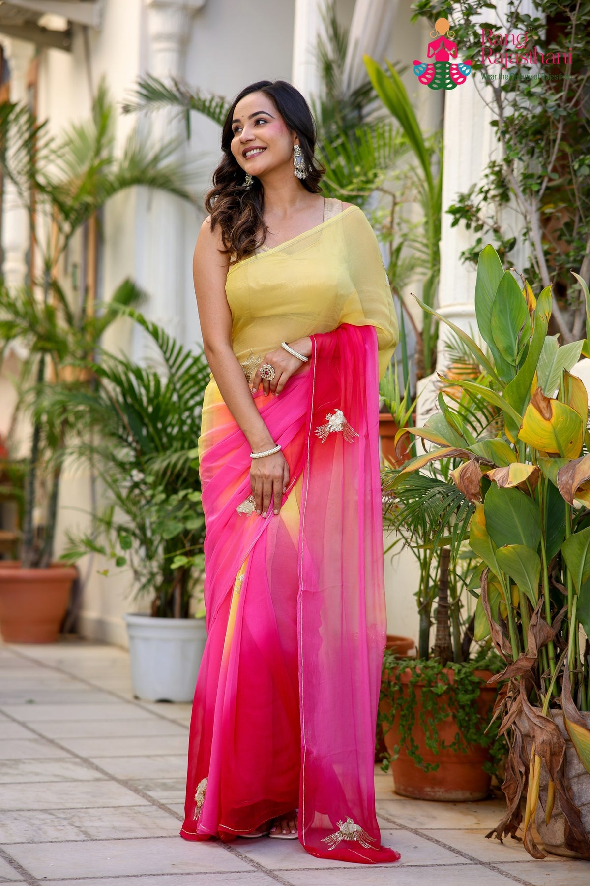 Multi Pure Chiffon Rajputi Aari Tari Saree for Haldi Ceremony | Designer Saree