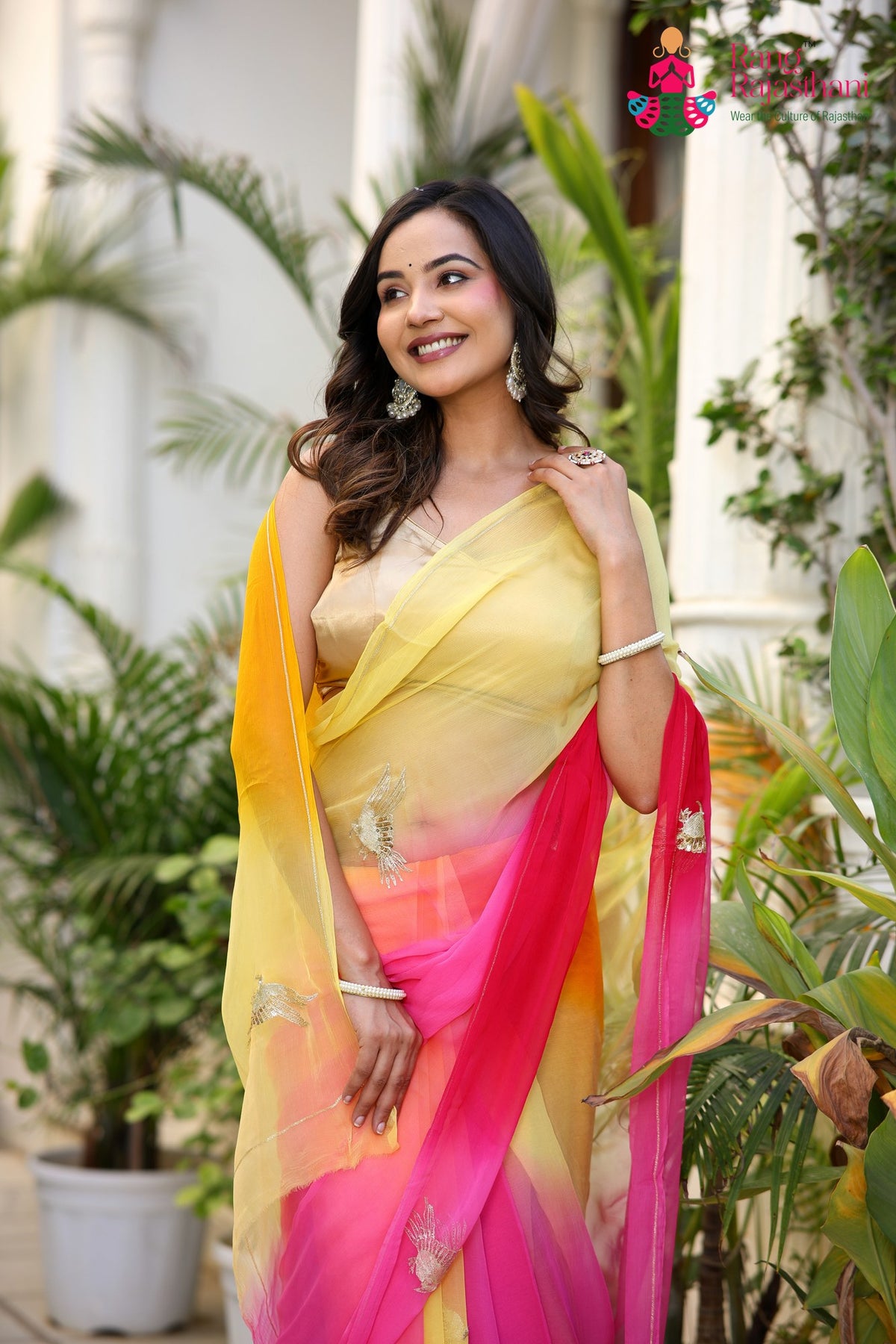 Multi Pure Chiffon Rajputi Aari Tari Saree for Haldi Ceremony | Designer Saree