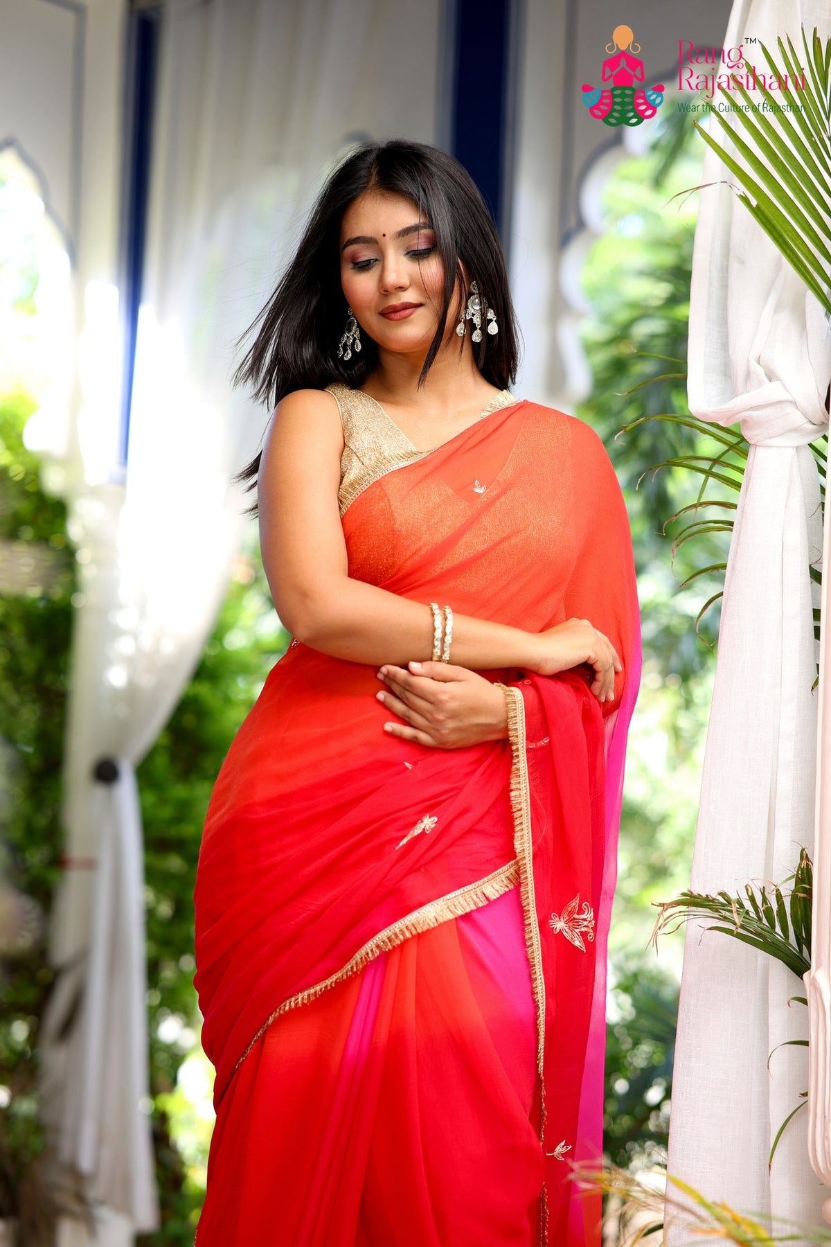 Multi Pure Chiffon Rajputi Aari Tari Saree for Red Puja Sarees | Exclusive Edit