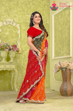 Multy Pure Georgette saree with Bandhani and Handwork side drape view