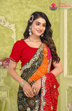 Multy Pure Georgette saree with Bandhani and Handwork back view