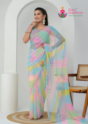 Firozi Art Georgette Hand Embellishment Leheriya Saree for Raksha Bandhan | Festive Pick