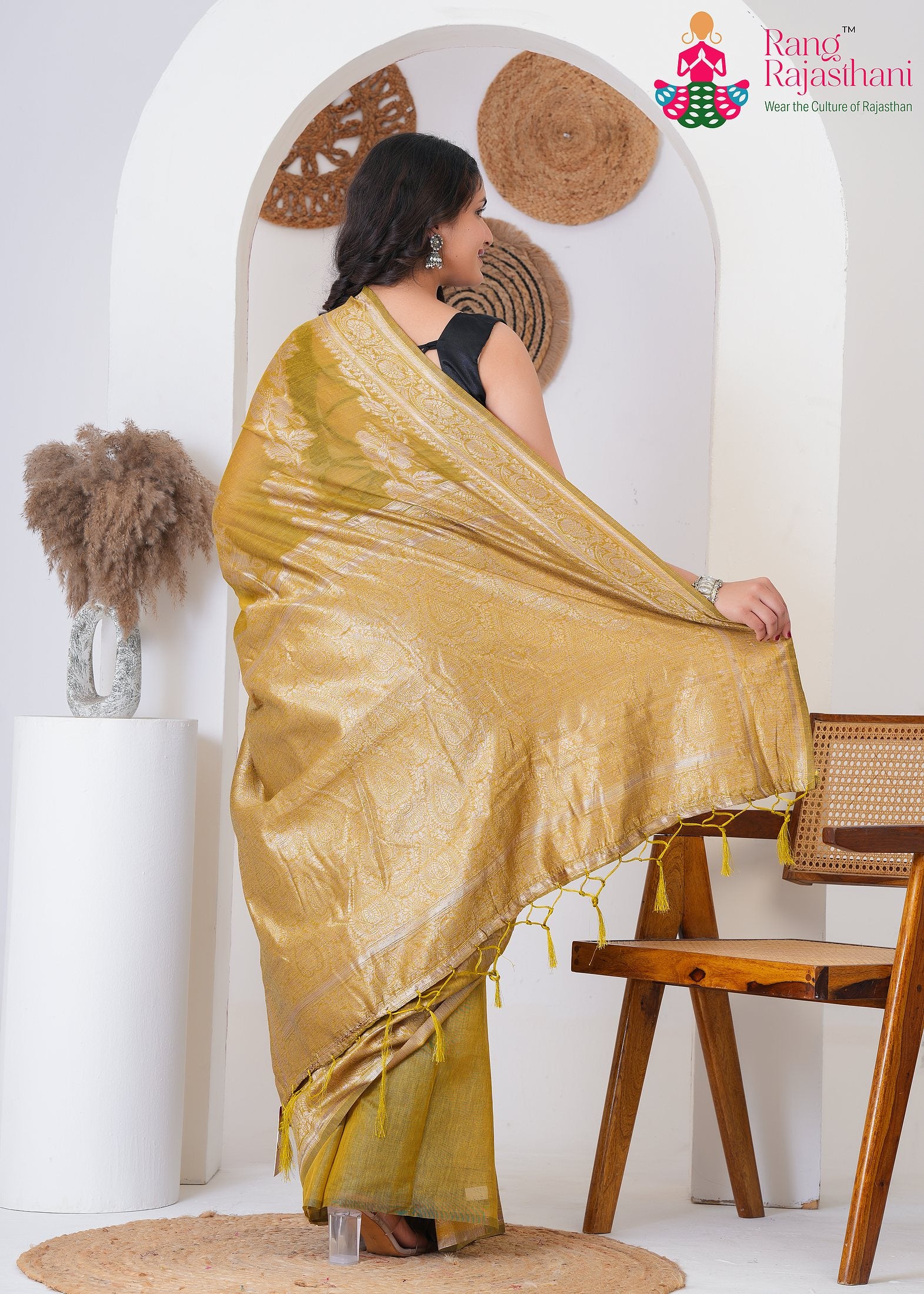 Mustard Cotton saree with Printed back view