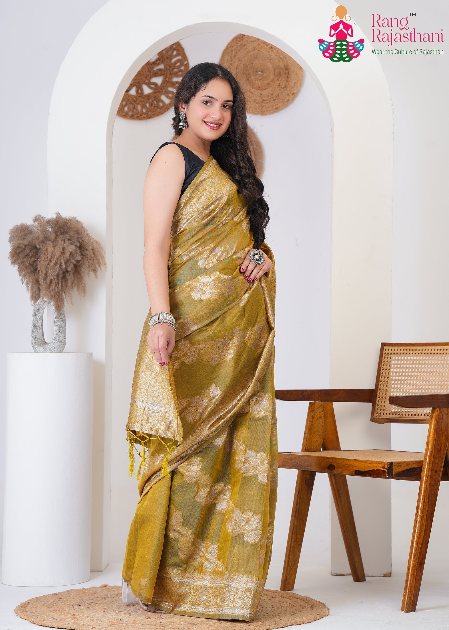 Mustard Cotton saree with Printed side drape view