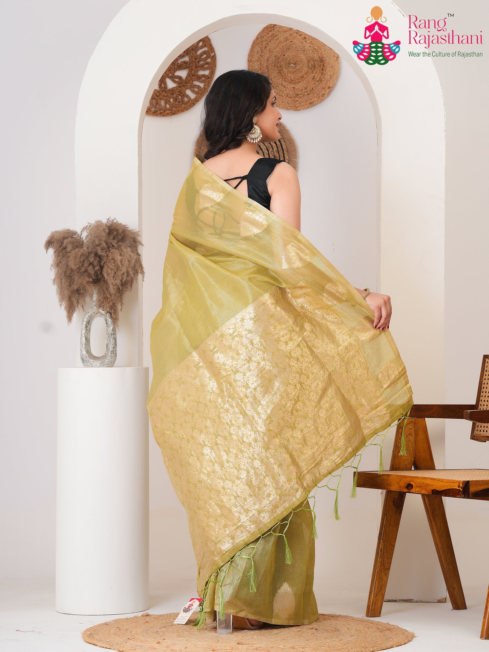 Mustard Imported saree with Weaving back view