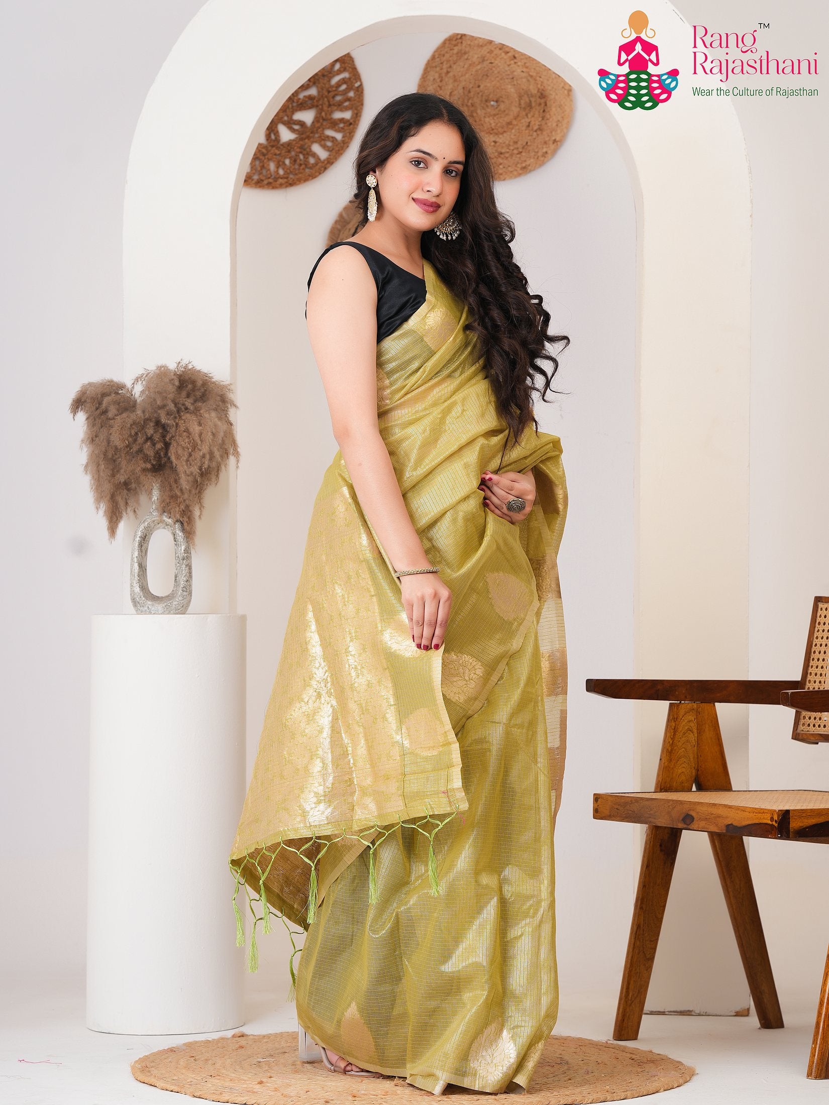Mustard Imported saree with Weaving side drape view