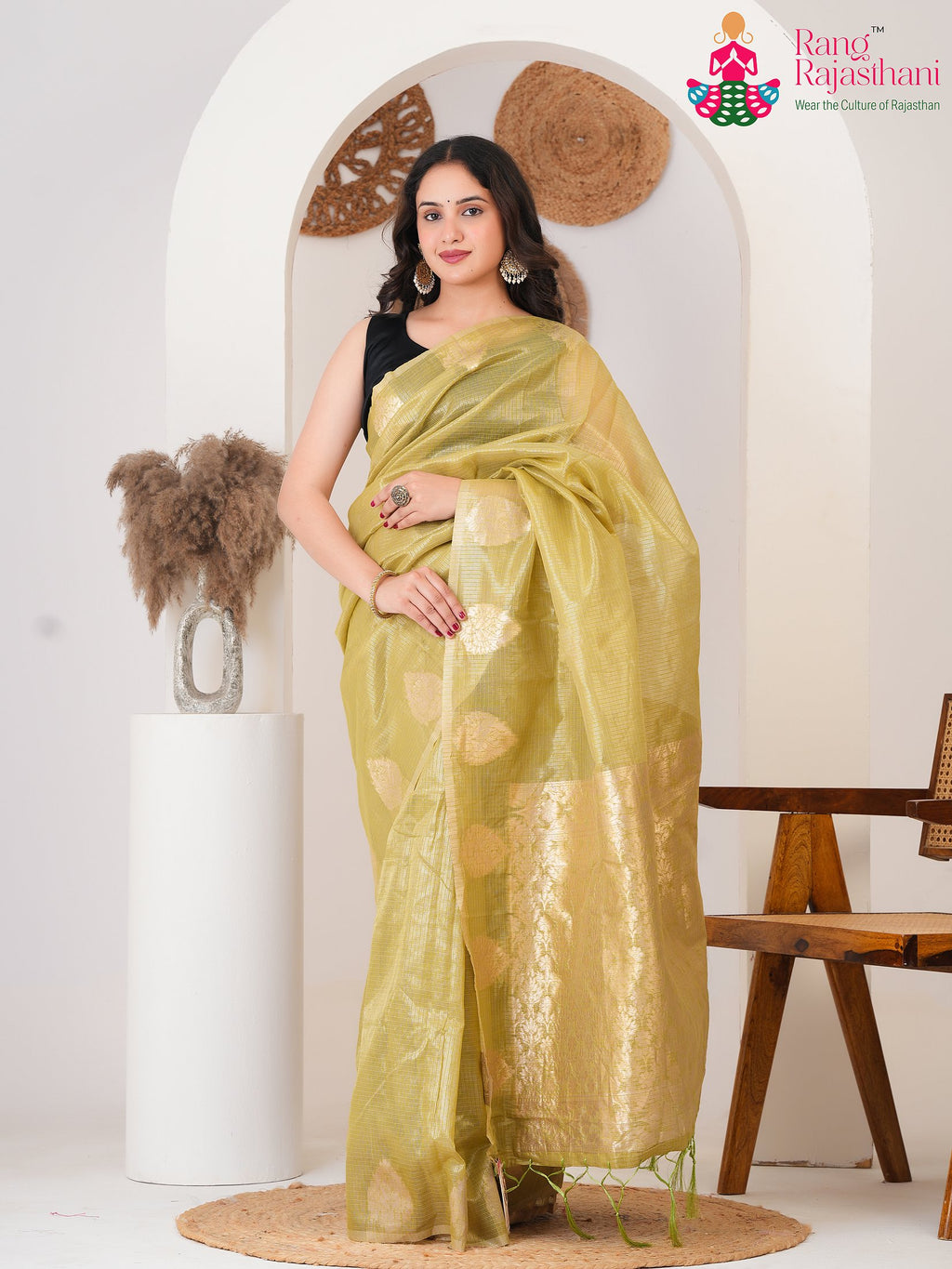 Mustard Imported Haldi saree with Weaving from Rang Rajasthani