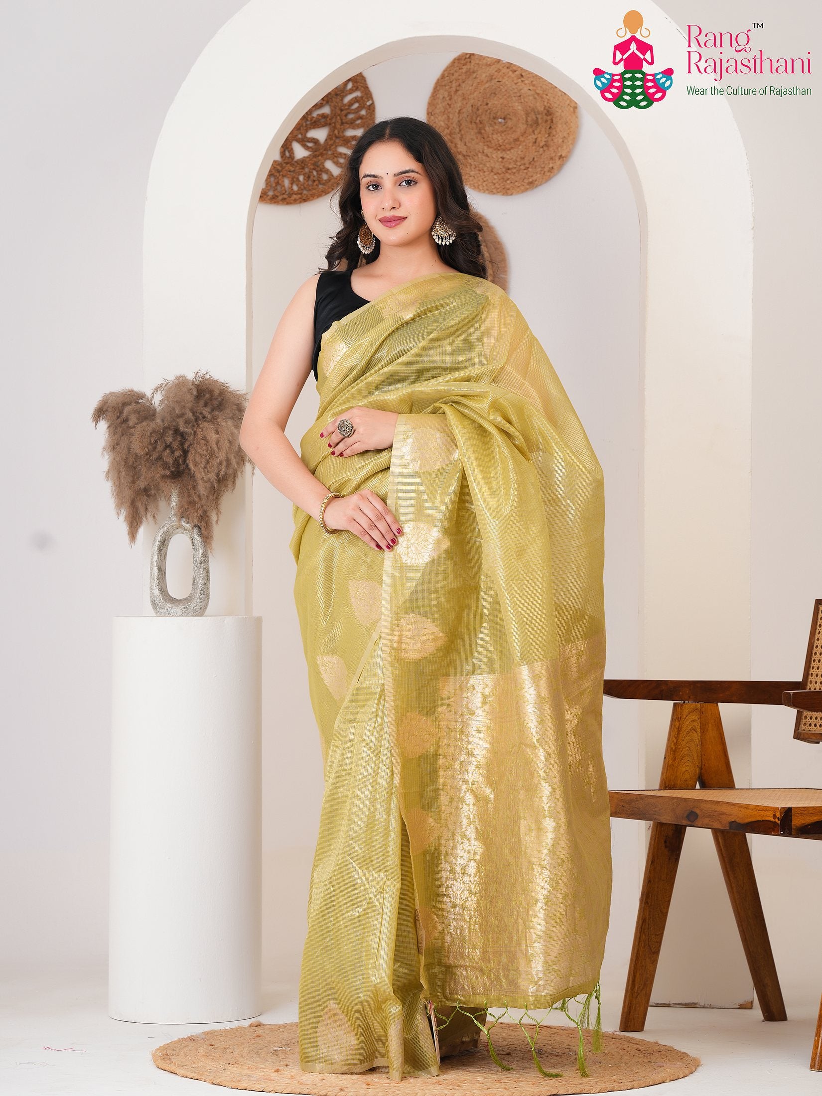 Mustard Imported Haldi saree with Weaving from Rang Rajasthani