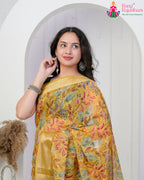 Mustard Imported saree with Printed close up detailing