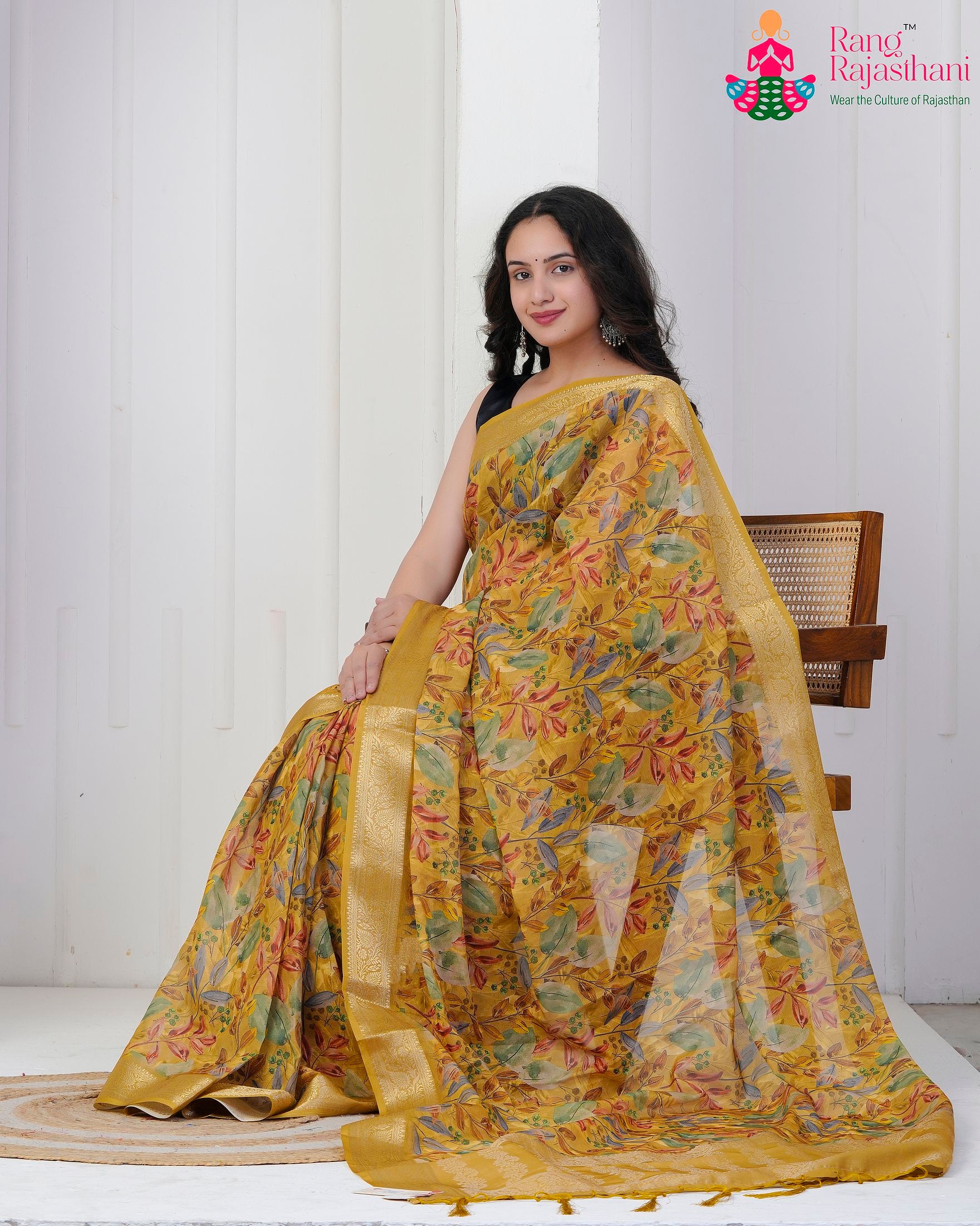 Mustard Imported saree with Printed pallu detailing