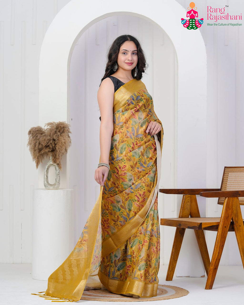 Mustard Imported saree with Printed side drape view