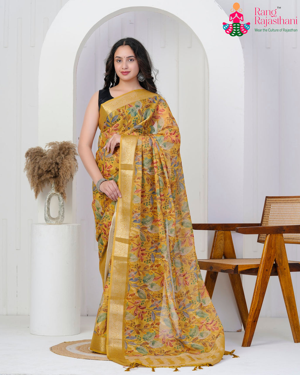 Mustard Imported Party saree with Printed from Rang Rajasthani