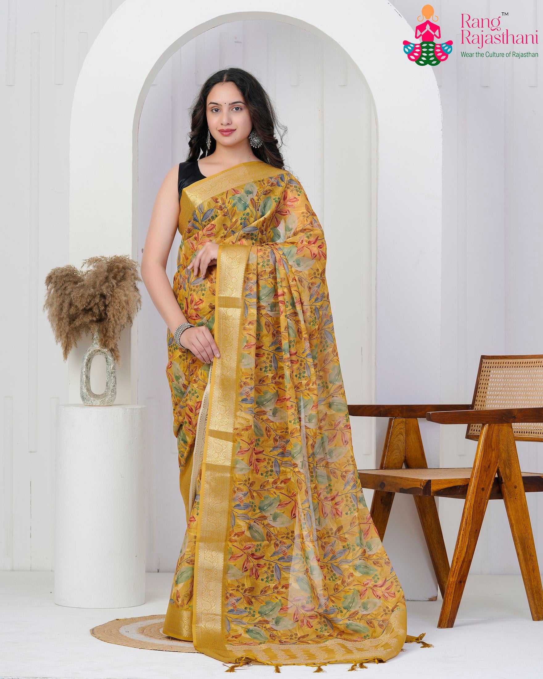 Mustard Imported Party saree with Printed from Rang Rajasthani