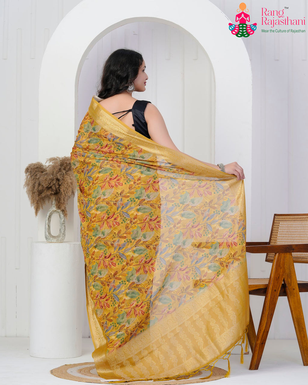 Mustard Imported saree with Printed back view