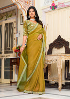 mustard fabric saree for haldi ceremony by Rang Rajasthani
