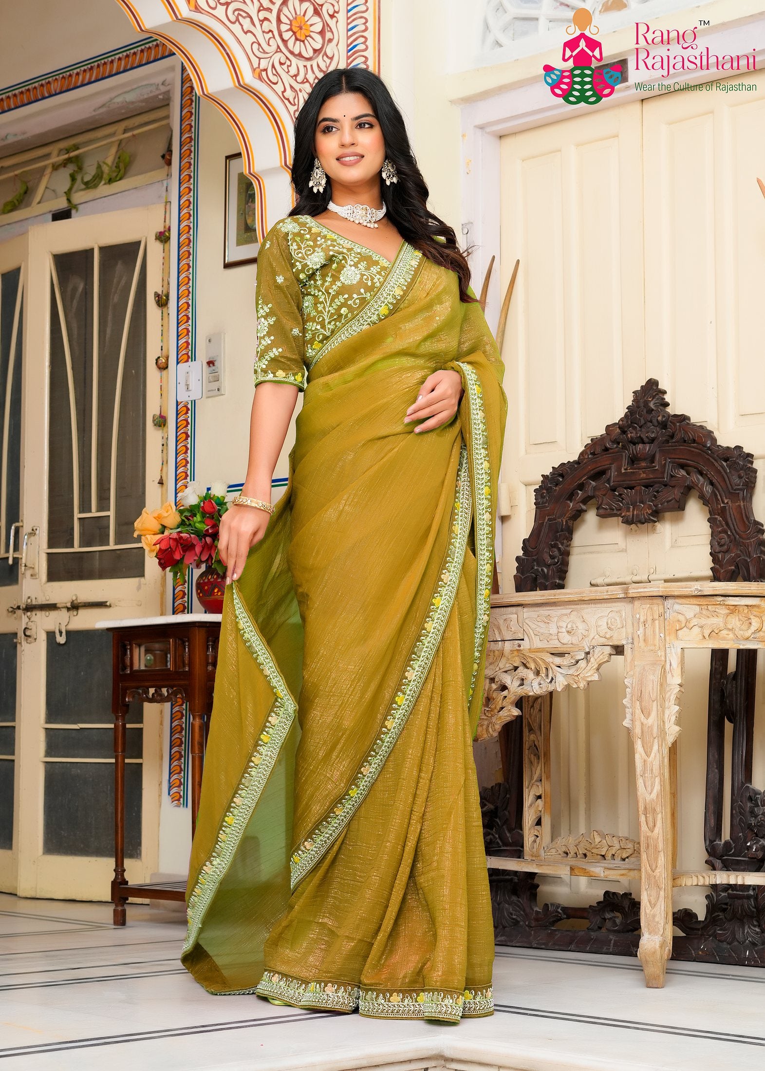 musted fabric saree  for haldi ceremony by Rang Rajasthani