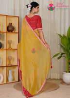 Musted Crush Tissue saree with Designer Bhandhni panel back view