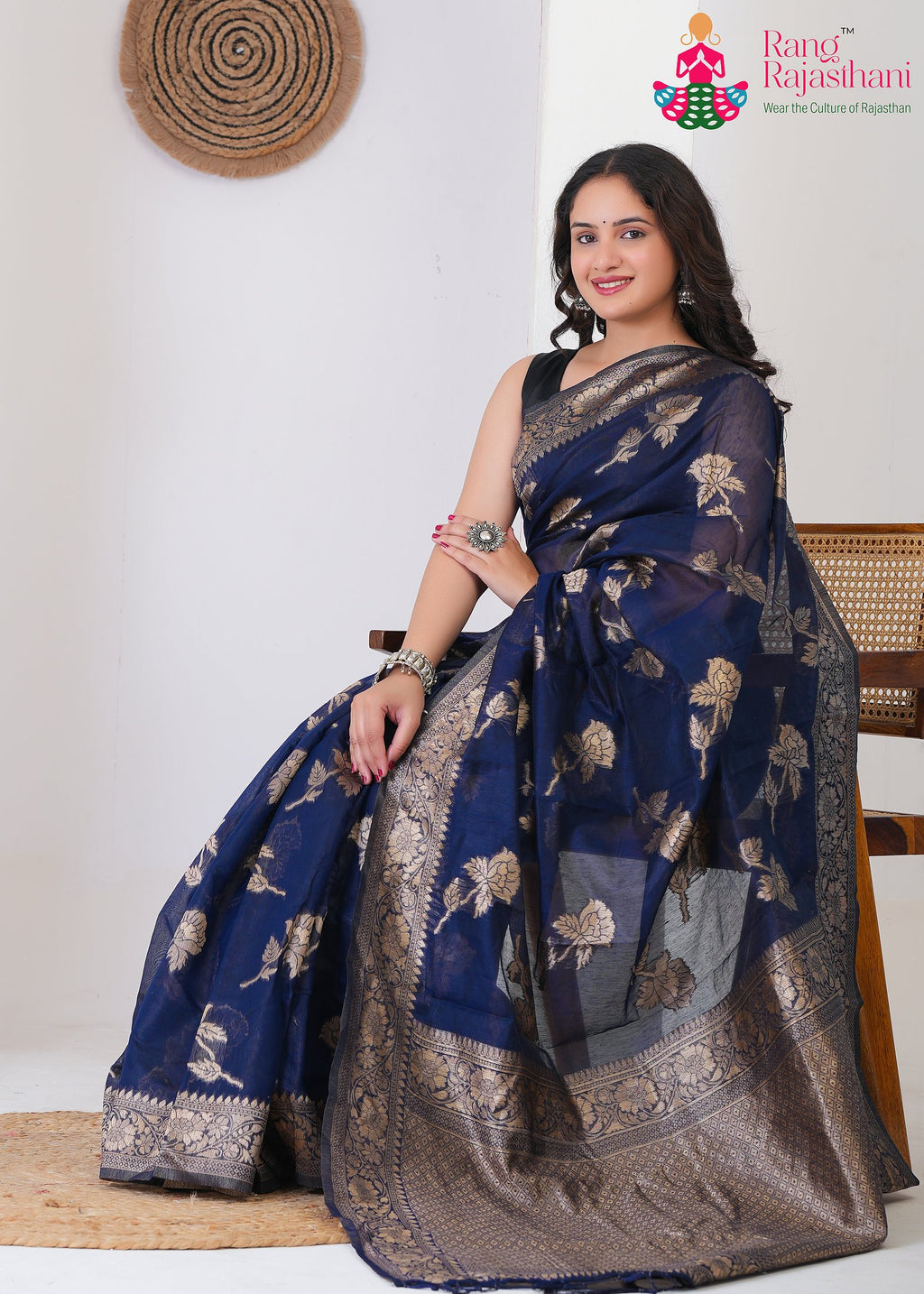 Blue Cotton saree with Printed pallu detailing