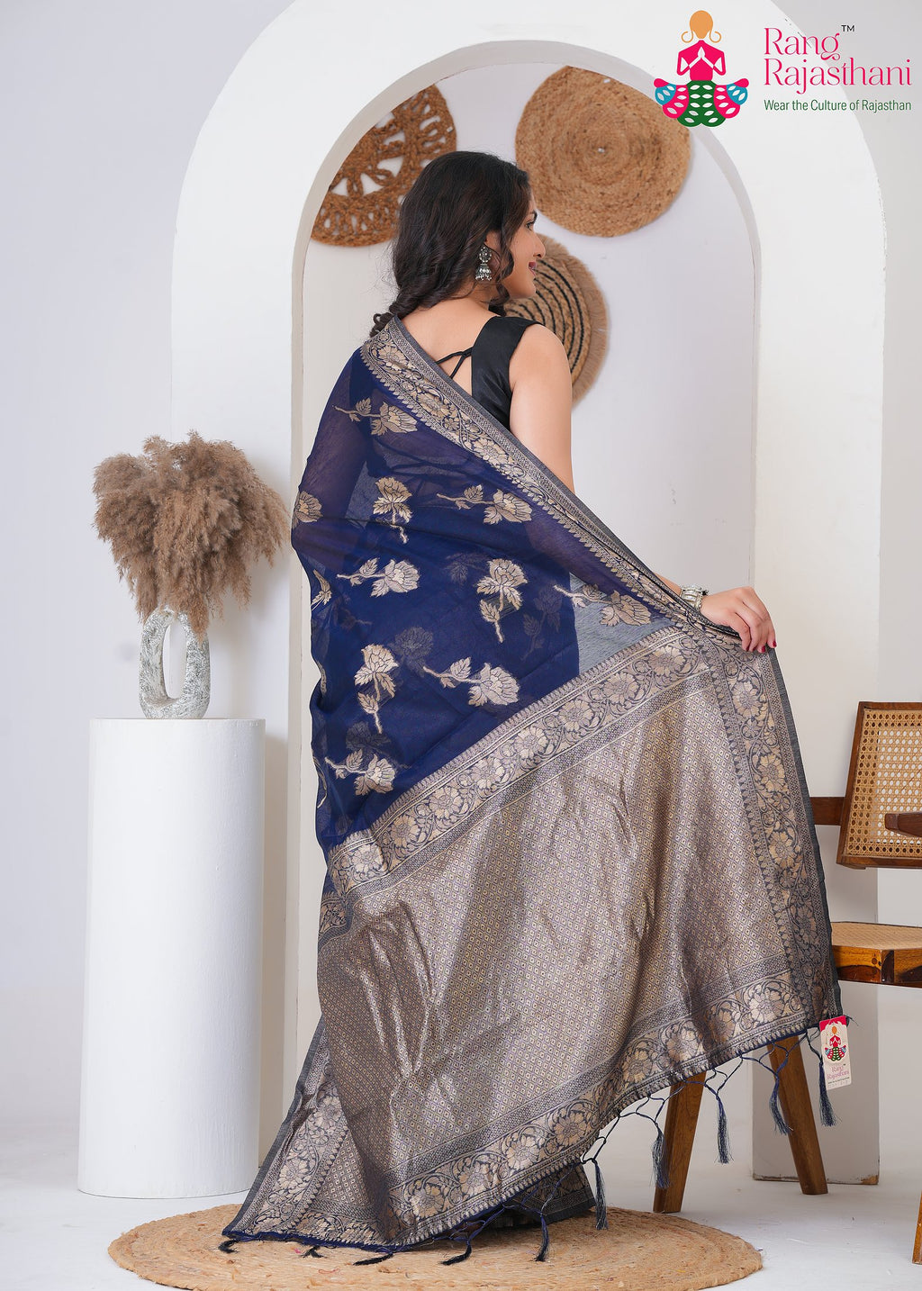 Blue Cotton saree with Printed back view