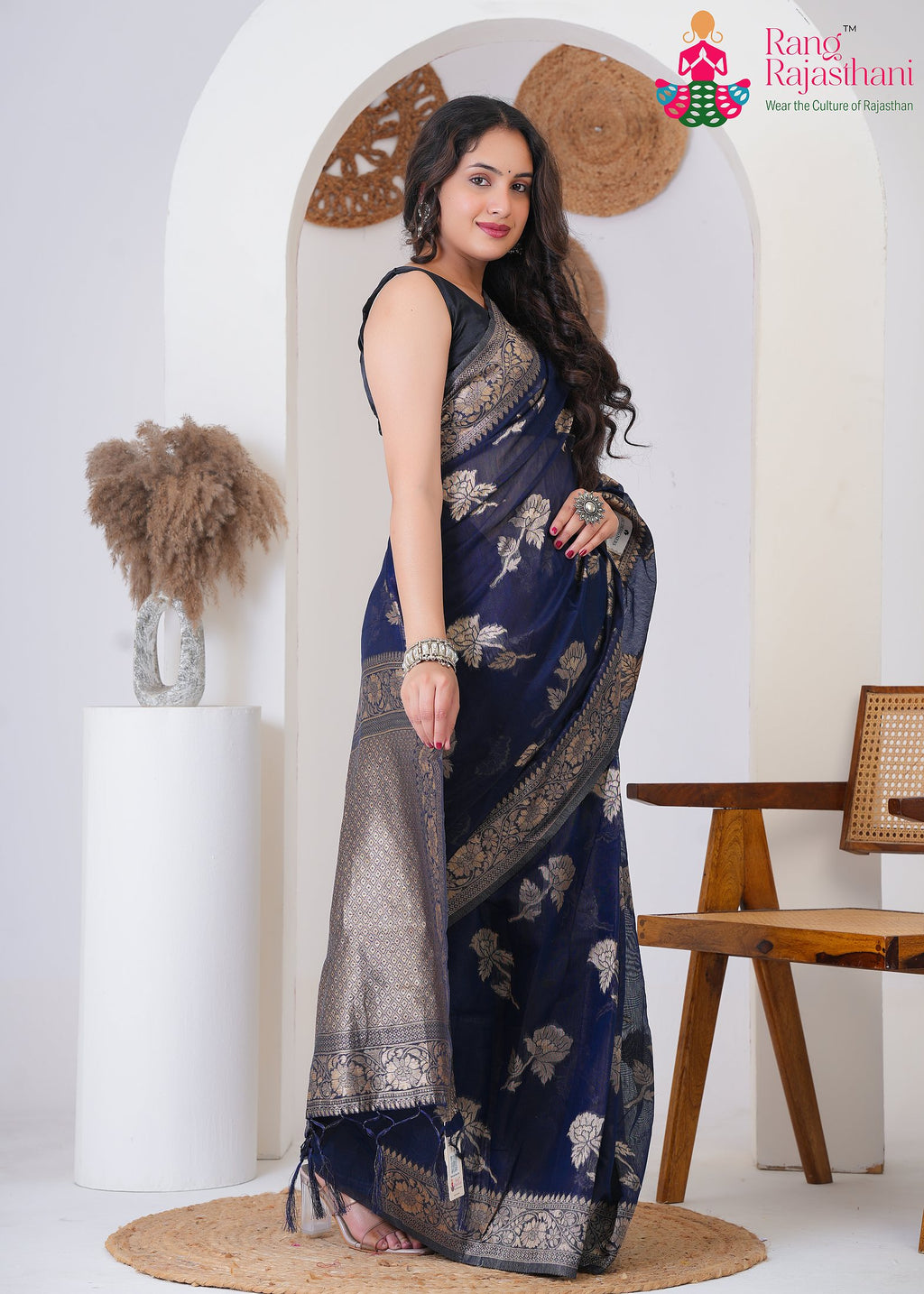 Blue Cotton saree with Printed side drape view