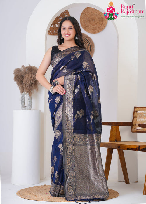 Navy Blue Cotton Silk Woven Saree : Floral Weaving Border main-image