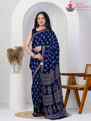 Blue Cotton Block Print Saree for Casual | Party Pick