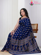Navy Blue Cotton saree with Printed side drape view