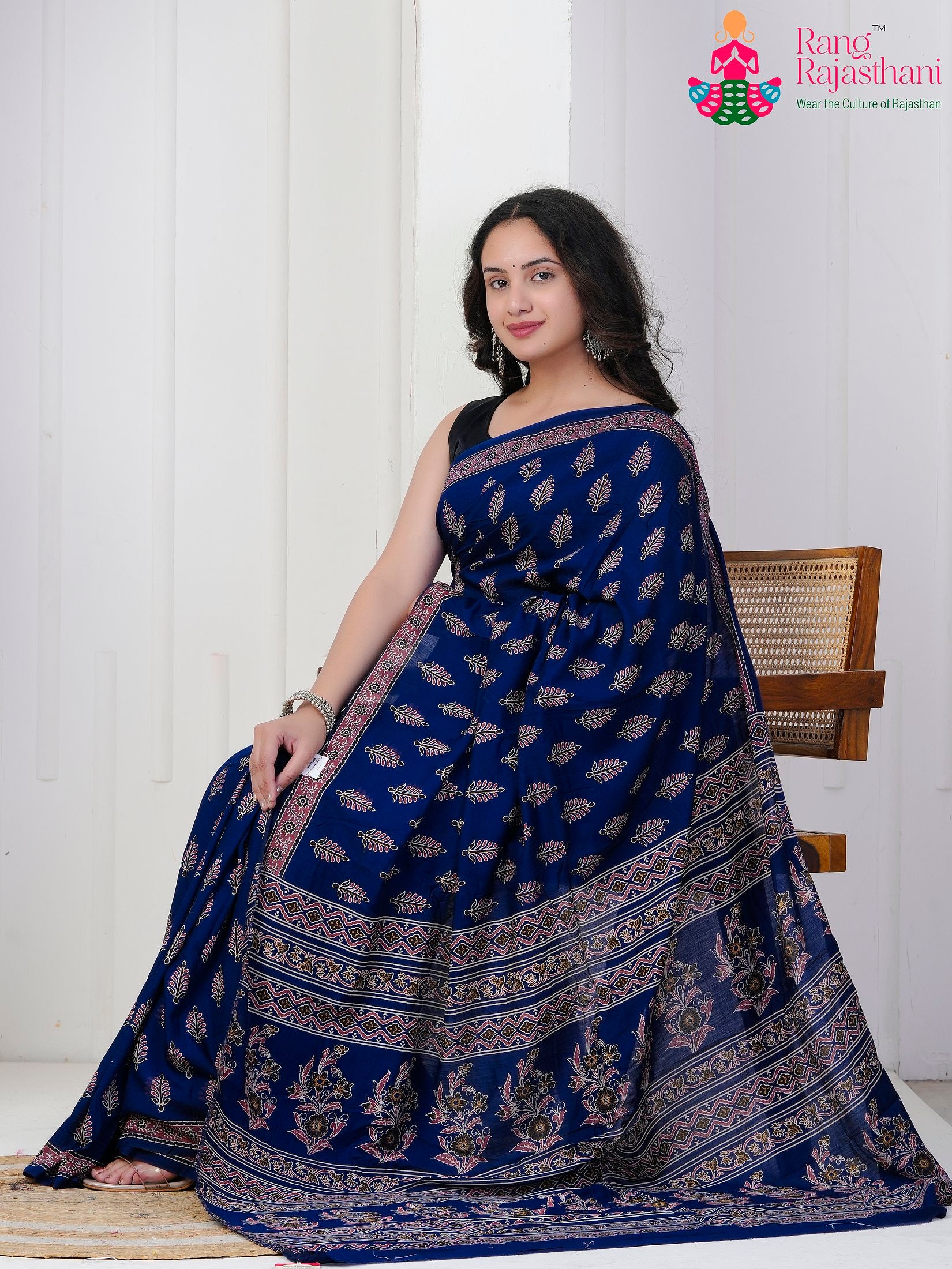 Navy Blue Cotton saree with Printed side drape view
