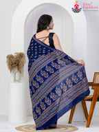 Navy Blue Cotton saree with Printed back view