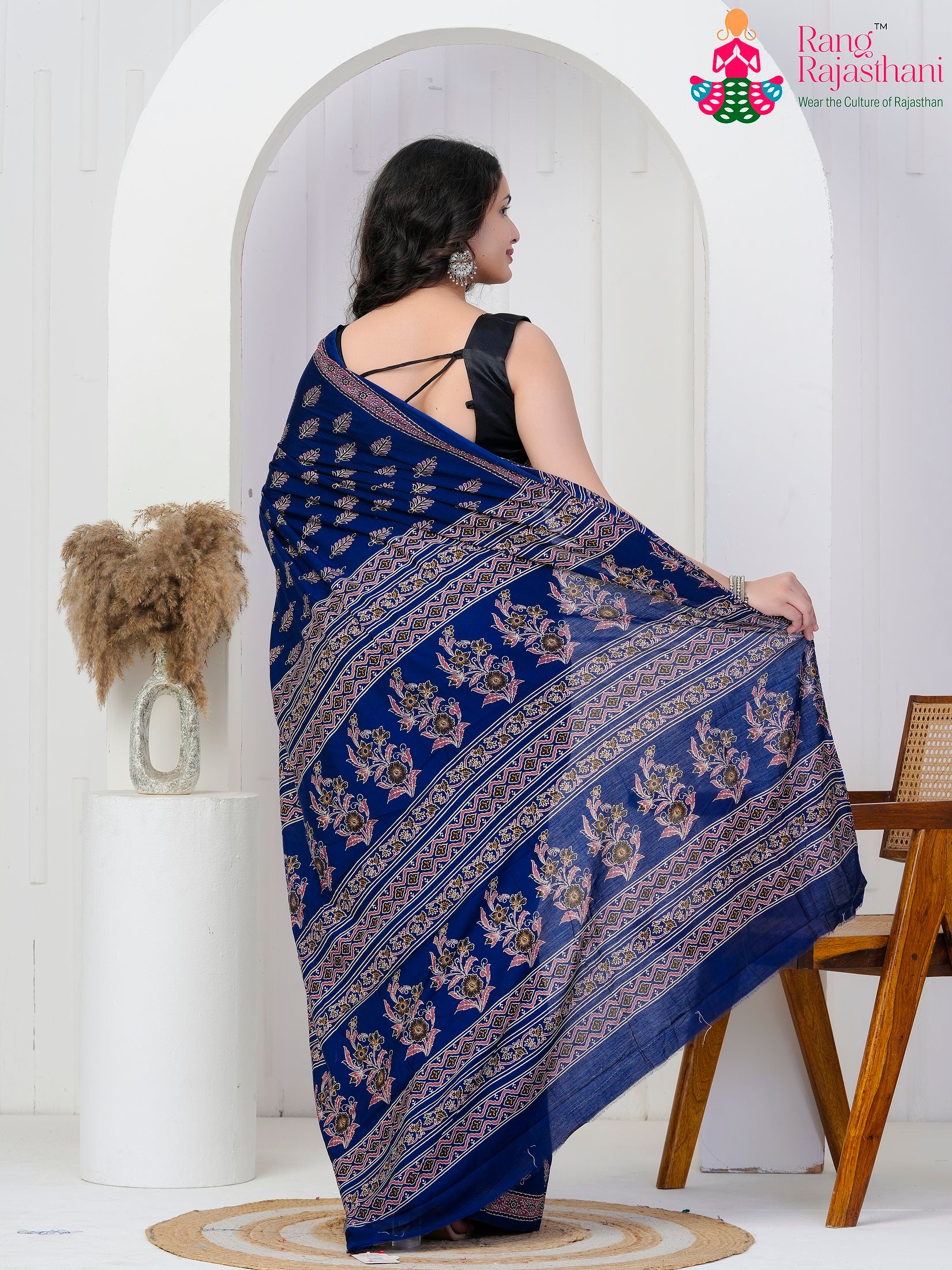 Navy Blue Cotton saree with Printed back view
