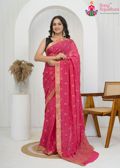 Cerrot Pink Chinon Wedding saree with hand-embroidered butti from Rang Rajasthani