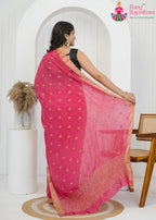 Cerrot Pink Chinon saree with hand-embroidered butti close up detailing