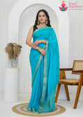 Aqua Firozi Pure Chinon office party saree with Zari Border from Rang Rajasthani