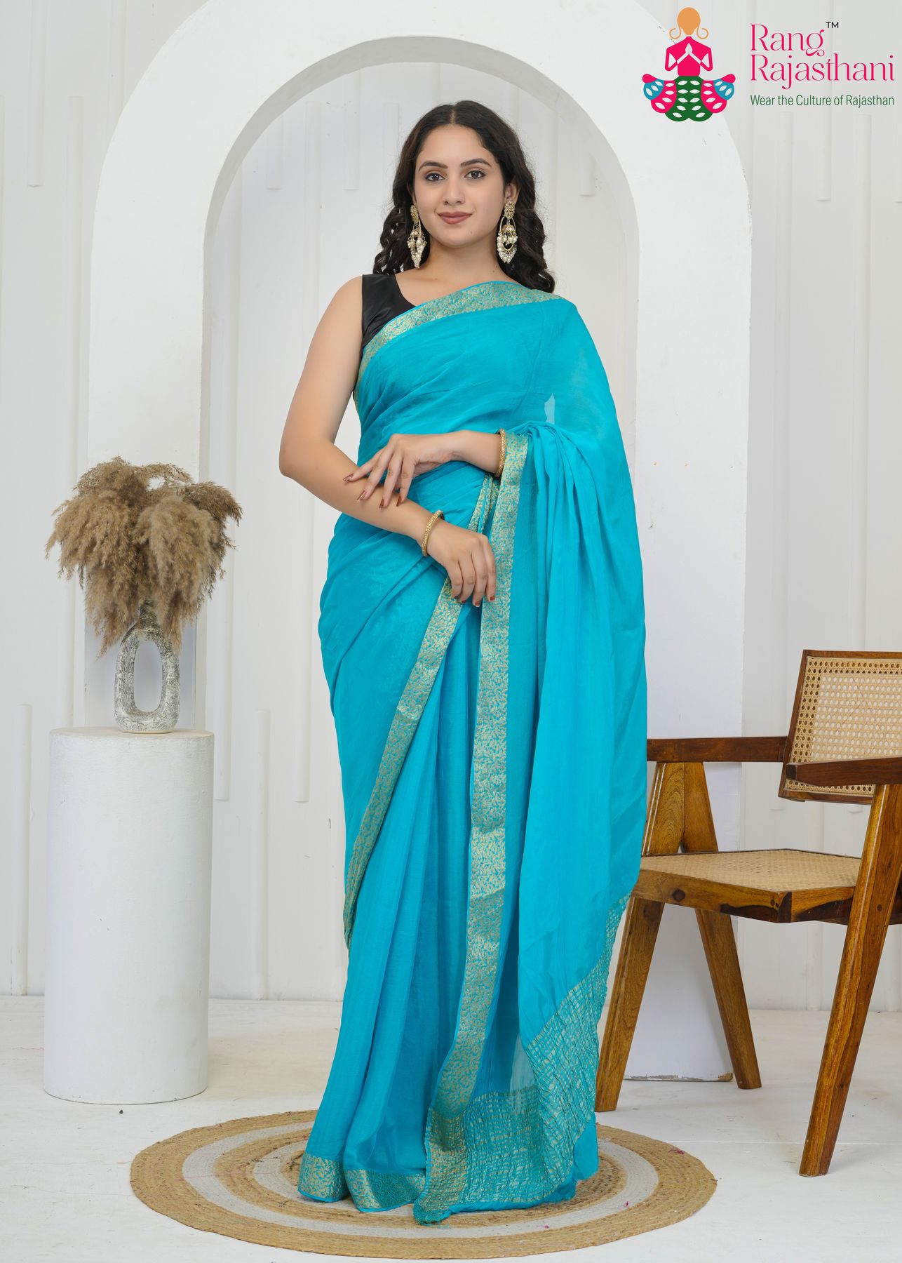 aqua firozi pure chinon saree with zari border for office