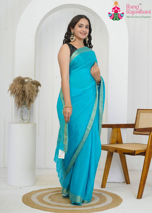 Aqua Firozi Pure Chinon saree with Zari Border side drape view