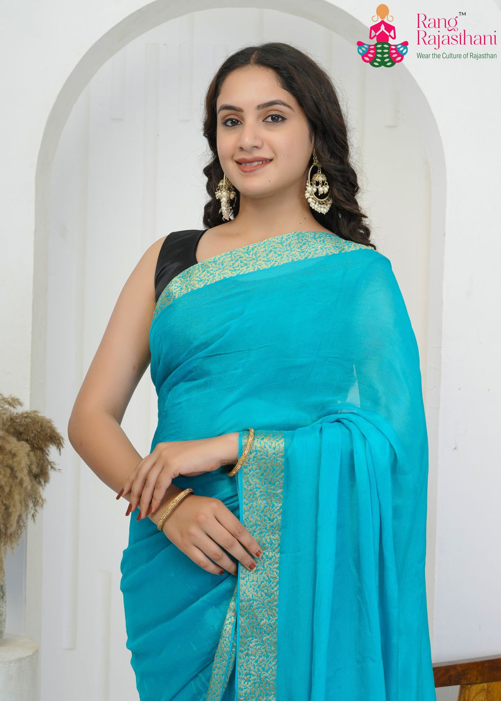 aqua firozi pure chinon saree with zari border for office close-up view