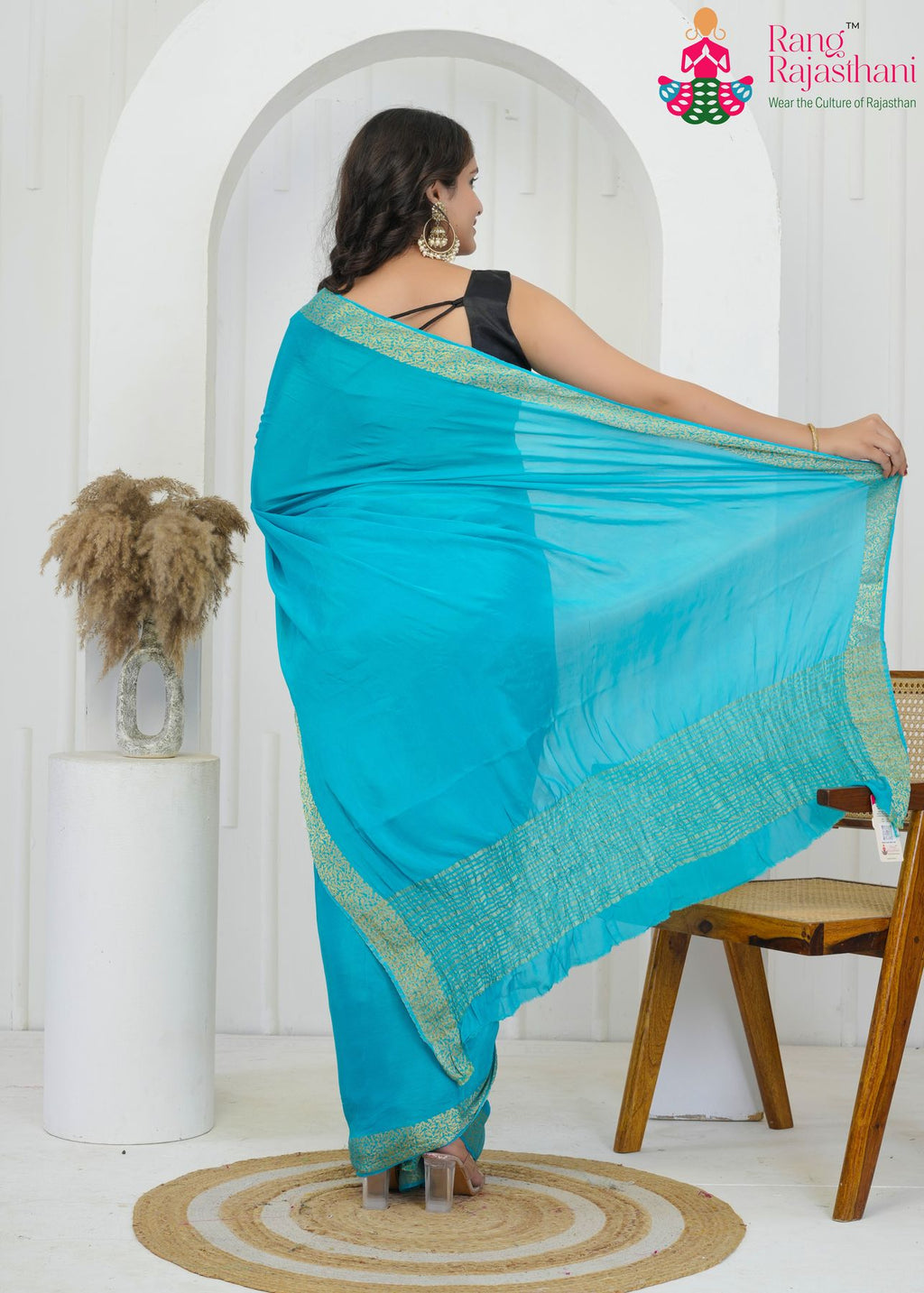 aqua firozi pure chinon saree with zari border for office back view