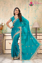 Turquoise Fendi saree with Zari Work side drape view