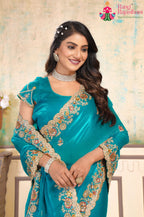 Turquoise Fendi saree with Zari Work back view