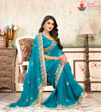 Turquoise Fendi Party saree with Zari Work from Rang Rajasthani