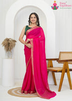 Pink Pure Chinon Traditional Puja saree with Zari Work from Rang Rajasthani