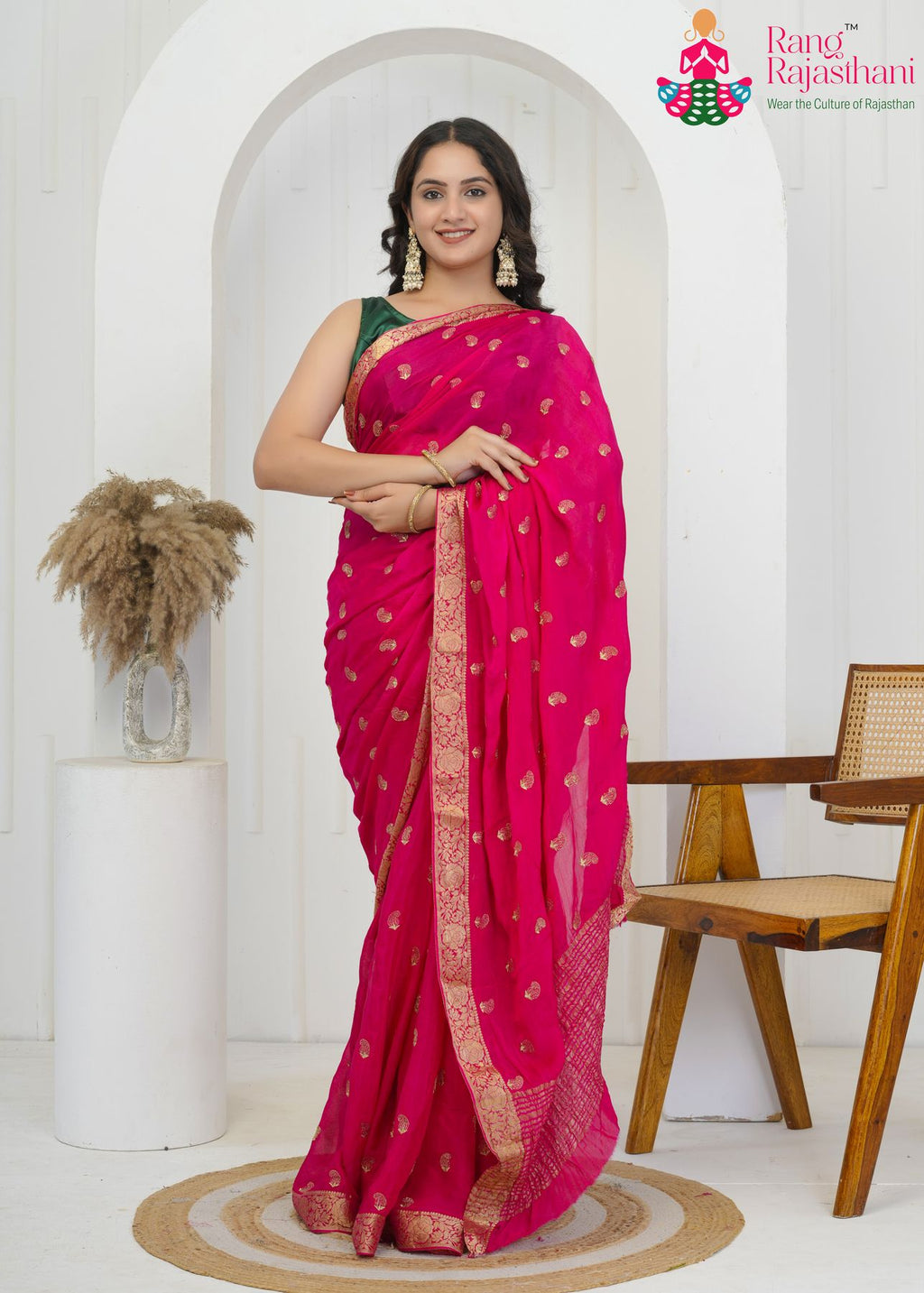 rani chinnon saree with embroidered butti and banarasi zari border